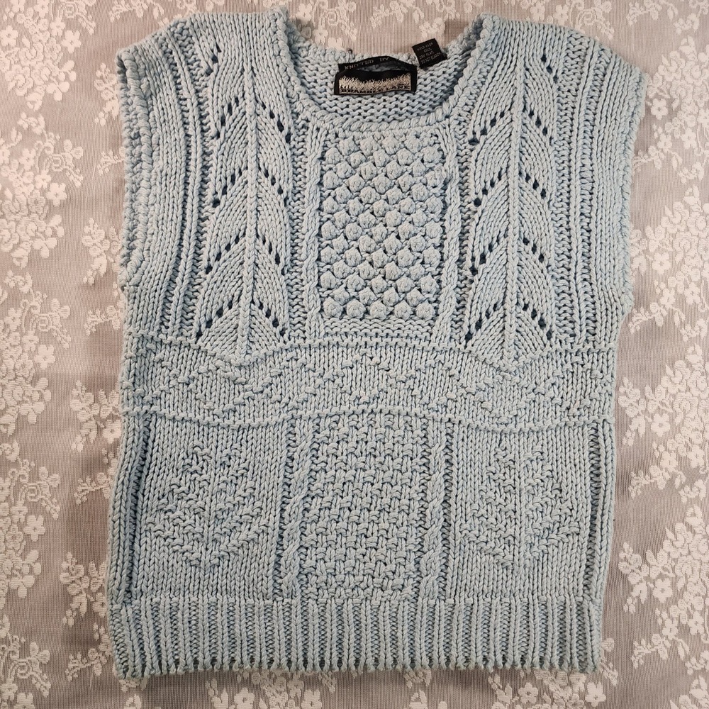 Bramble Lane Hand Knit Ramie Blend Vest M Blue Cable Popcorn Knit Grandmacore
